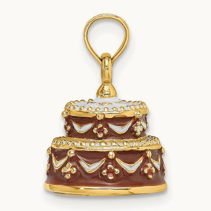 3-D Enameled HAPPY BIRTHDAY Cake w/Brown Frosting Charm, 14K