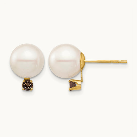 8- White Round Freshwater Cultured Pearl Smoky Quartz Post Earring, 8.5mm, 14K