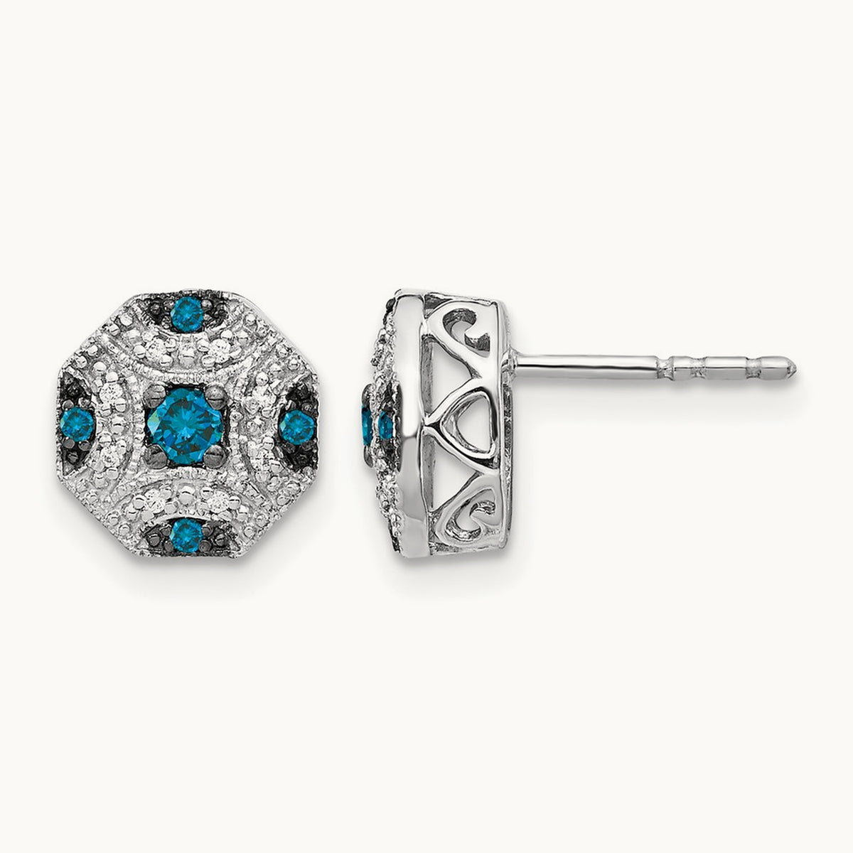 Fancy White and Blue Diamond Post Earrings, 14K White Gold