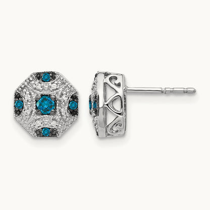 Fancy White and Blue Diamond Post Earrings, 14K White Gold