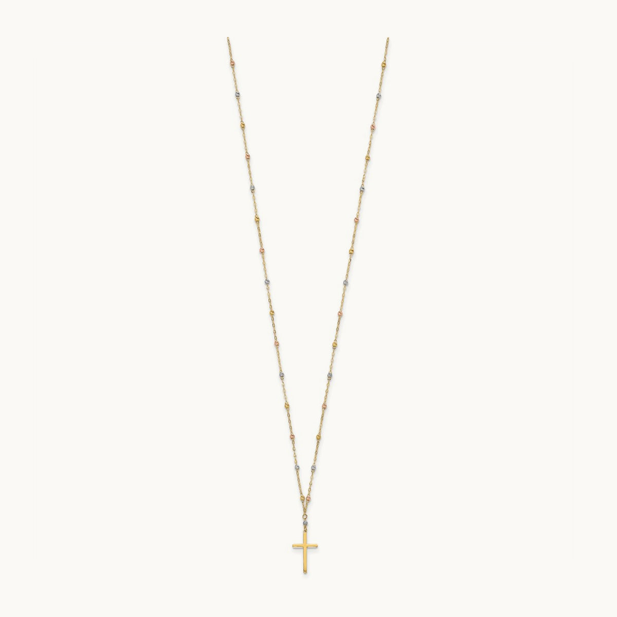 Tri-color Diamond-cut Beaded Polished Cross Necklace, 14K