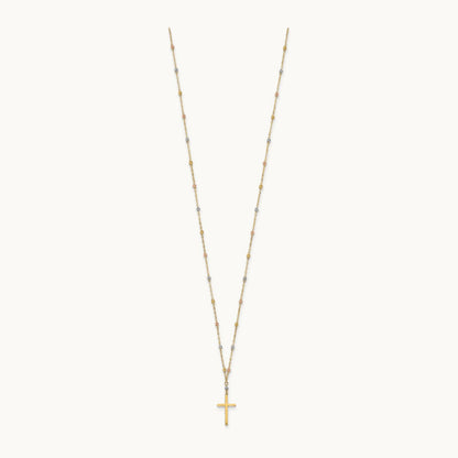 Tri-color Diamond-cut Beaded Polished Cross Necklace, 14K