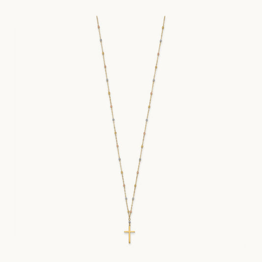 Tri-color Diamond-cut Beaded Polished Cross Necklace, 14K