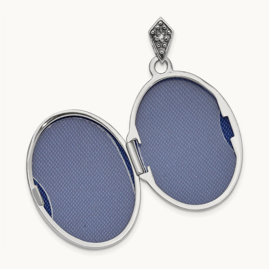 Diamond Tree Blue Fabric Locket Pendant, 23mm, 14K White Gold