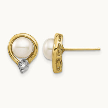 5- White Button FW Cultured Pearl .02ct Diamond Post Earrings, 6mm, 14K