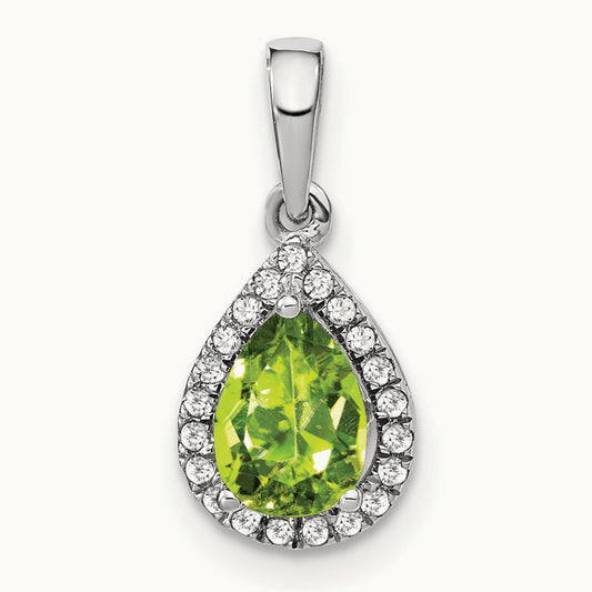 Pear Peridot and Diamond Halo Pendant, 14K White Gold