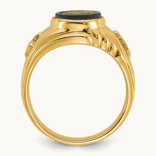 Men's Polished and Textured with Oval Onyx Masonic Ring, 14K