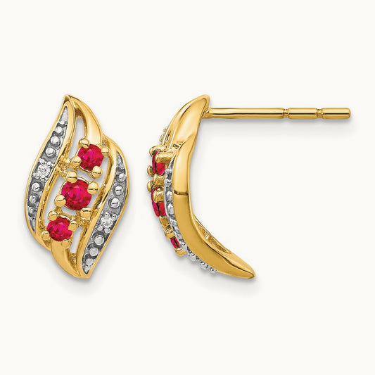 w/ Siam Ruby and Diamond Polished Post Earrings, 14K Gold