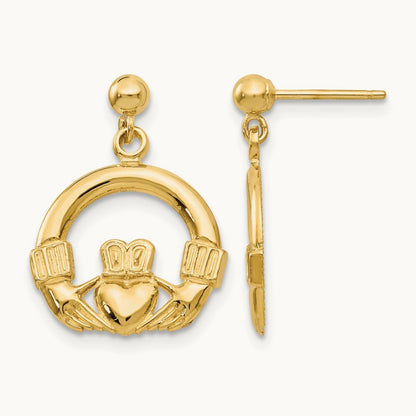 Dangling Claddagh Post Earrings, 14K
