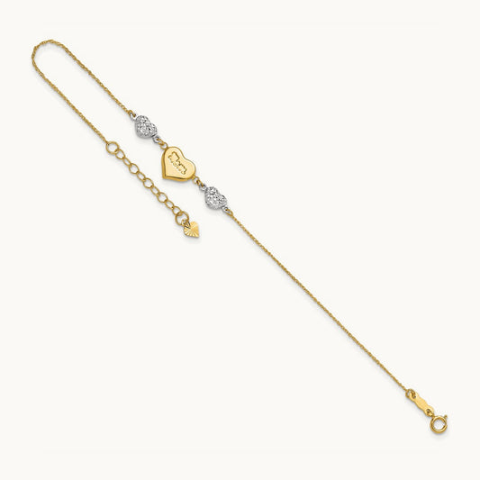 Puffed MOM Heart 7in w/ 1 In Ext Bracelet, 14K Two Tone