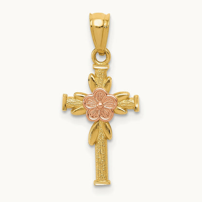 Polished D/C Cross w/Flower Pendant, 14K Two-tone