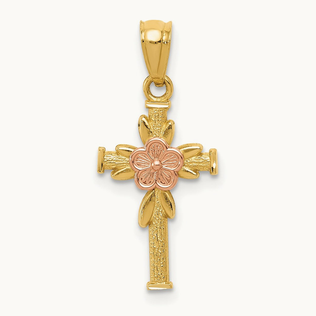 Polished D/C Cross w/Flower Pendant, 14K Two-tone