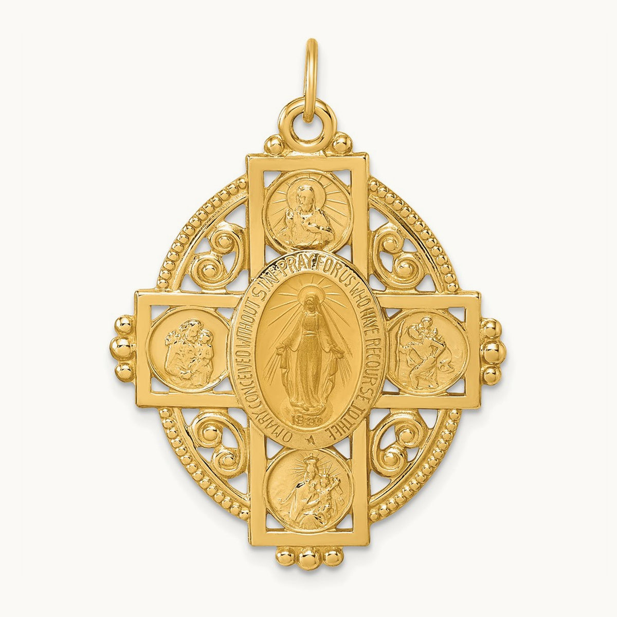 Polished and Satin Miraculous 4-way Medal Oval Pendant, 14K
