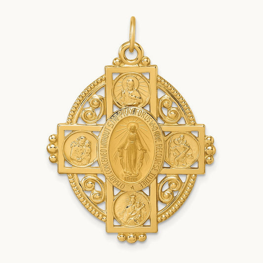 Polished and Satin Miraculous 4-way Medal Oval Pendant, 14K