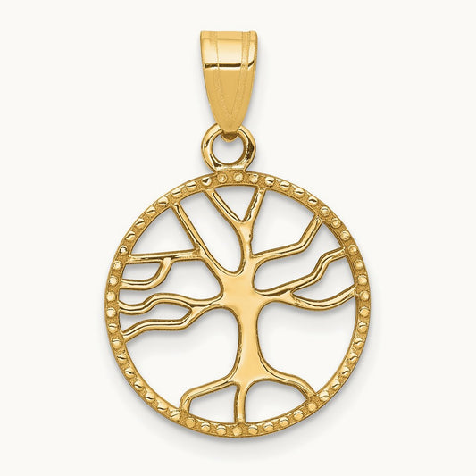 Polished Small Tree of Life in Round Pendant, 14K Gold