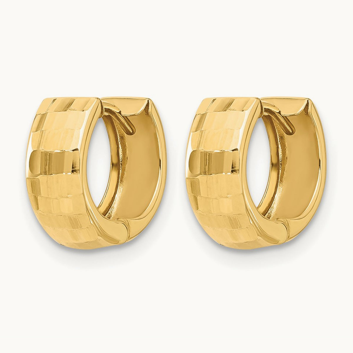 Polished and Diamond-cut Huggie Hoop Earrings — 14K Yellow Gold