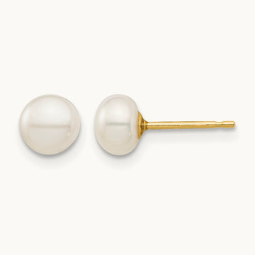 Madi K 5- White Button Freshwater Cultured Pearl Stud Post Earrings, 6mm, 14K