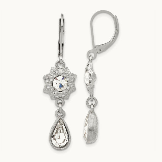 1928 Silver-tone Flower Frame Clear Crystal Dangle Leverback Earrings
