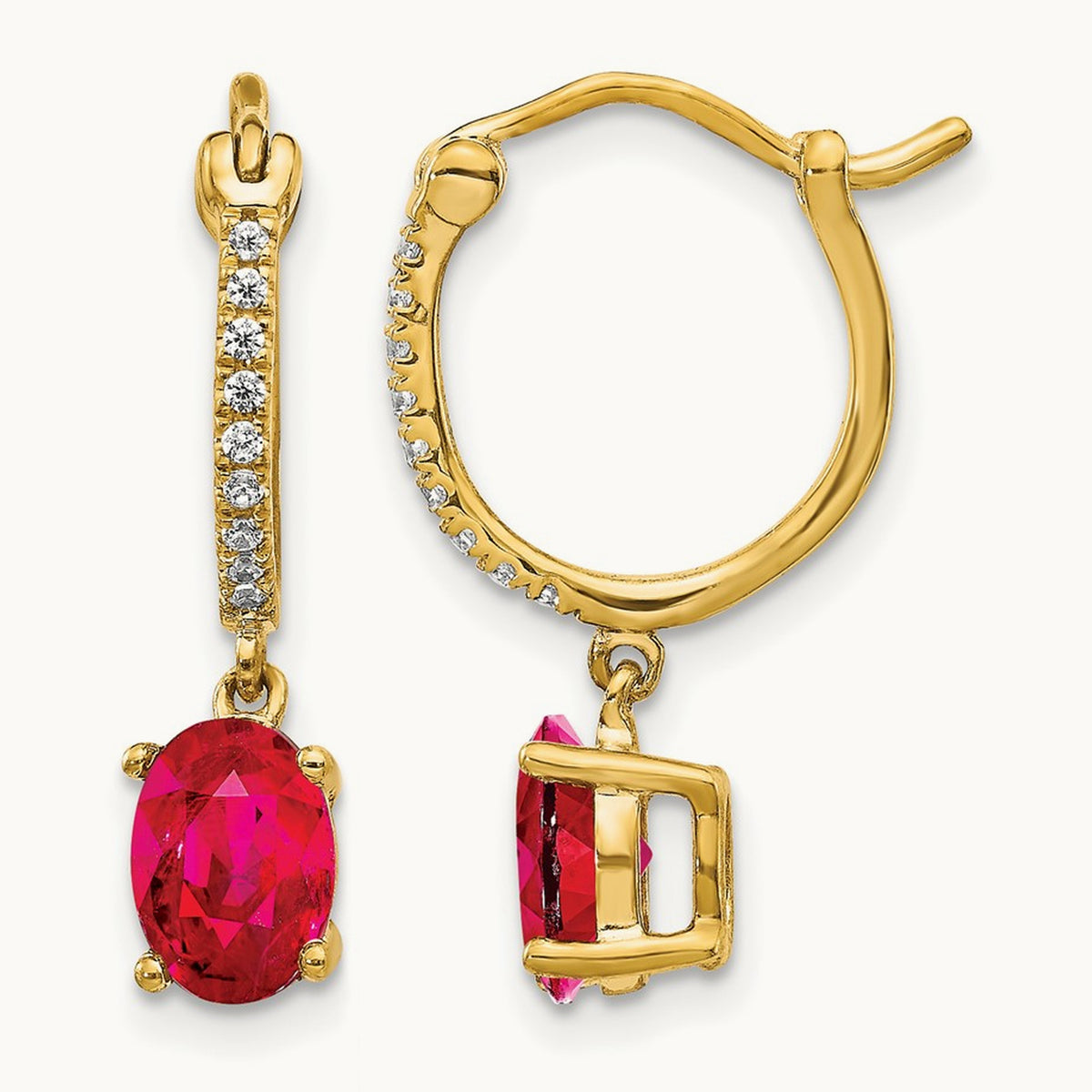 1/10ct Diamond and Ruby Dangle Hoop Earrings, 14K