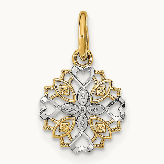 w/Rhodium Cut-Out Heart Edge Flower Charm, 14K