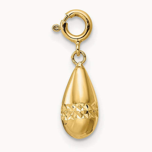 Polished Diamond-cut Teardrop w/ Spring Ring Clasp Charm, 14K