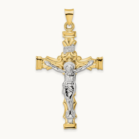 Solid INRI Crucifix Pendant, 14K Two-tone
