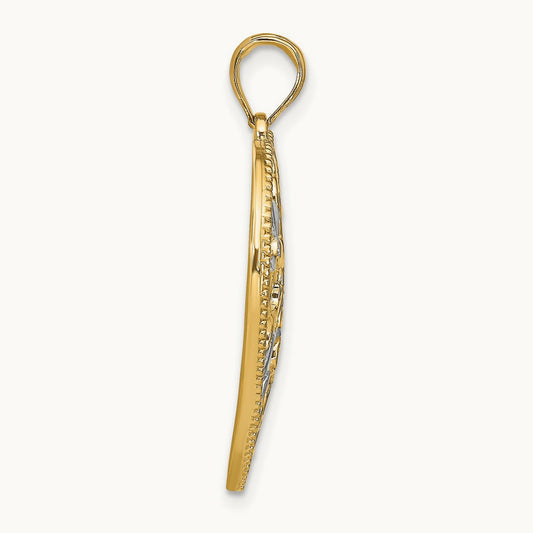 w/Rhodium Filigree Leaf Accent Heart Charm, 14K