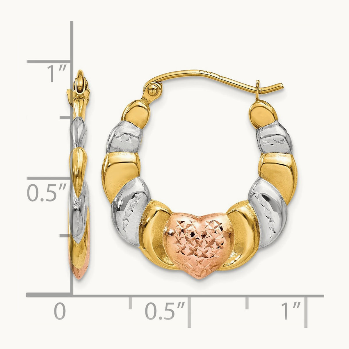 & White and Rose Rhodium Scalloped Heart Hoop Earrings, 14K