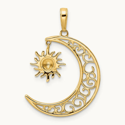 Diamond-cut Moon and Dangle Sun Pendant, 14K with White Rhodium