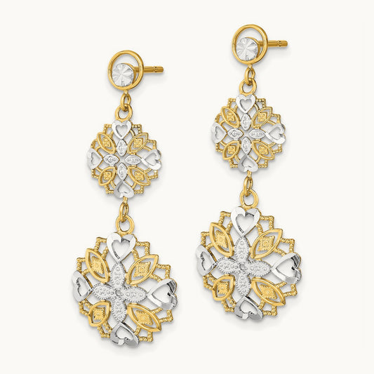 w/ Rhodium D/C Flower & Heart Dangle Earrings, 14K