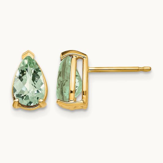 8x5 Pear Checker-Cut Green Quartz Earrings, 14K