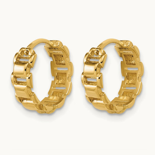Polished Link Pattern Hinged Huggie Hoop Earrings, 14K — Leslie's