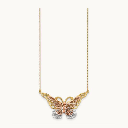 & Rose Gold w/ Rhodium Butterfly Necklace, 14K Yellow