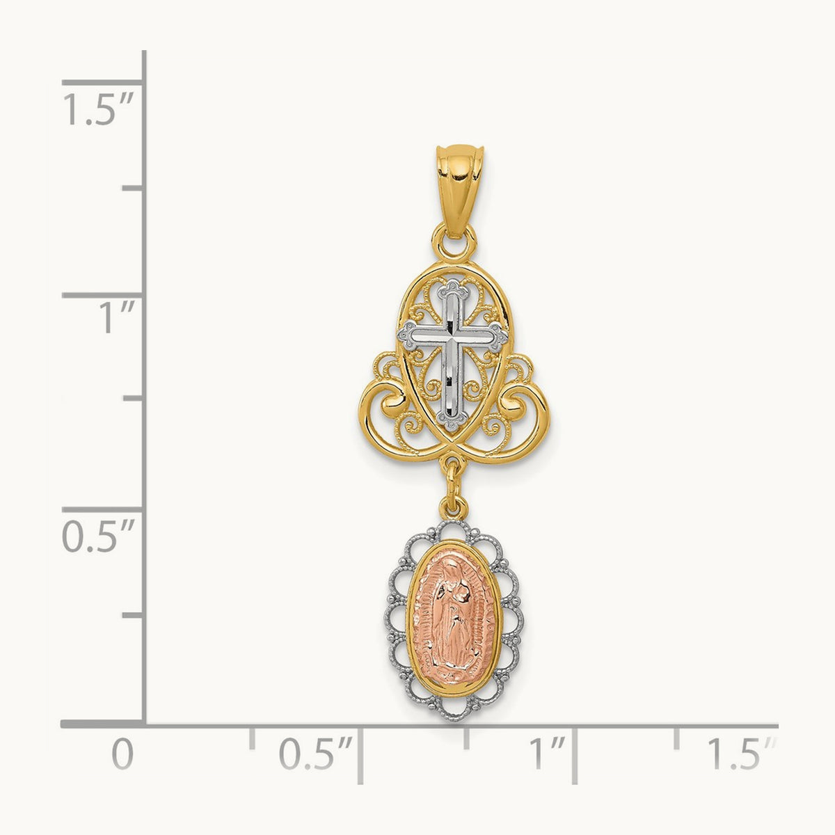 w/White Rhodium Lady Guadalupe Cross Pendant, 14K Two-tone