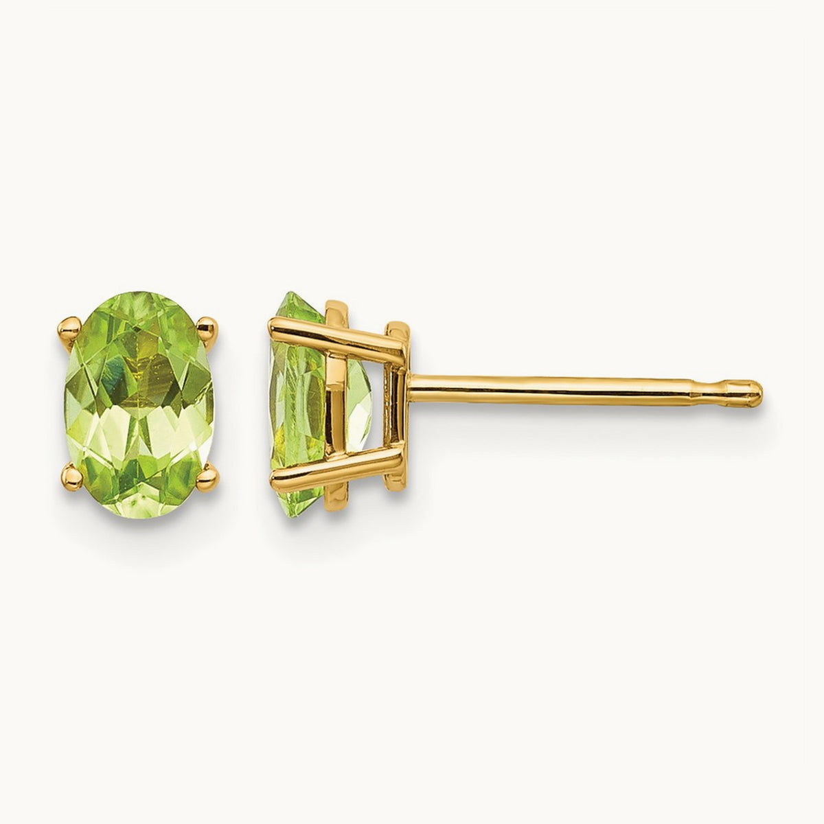 6x4 Oval August/Peridot Post Earrings — 14K Yellow Gold