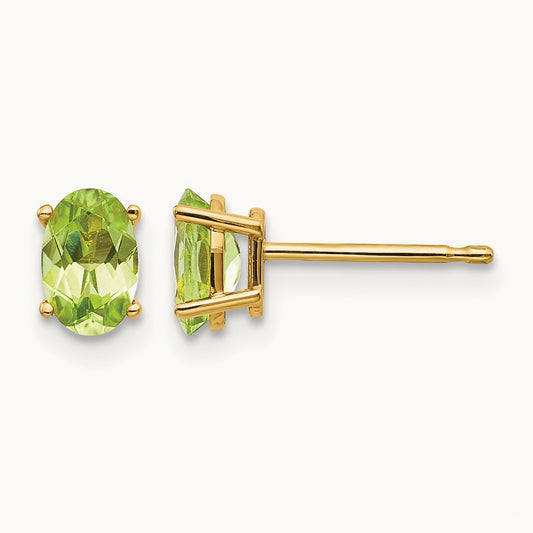 6x4 Oval August/Peridot Post Earrings — 14K Yellow Gold