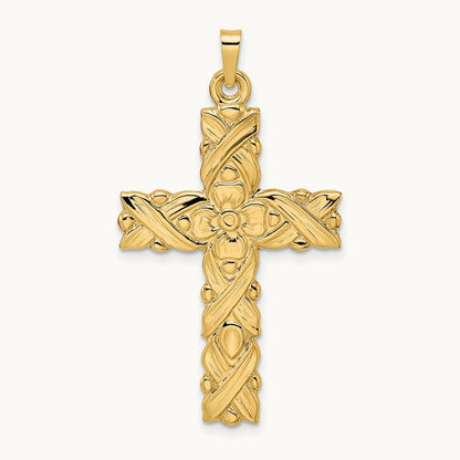 Polished and Textured Floral Solid Cross Pendant, 14K