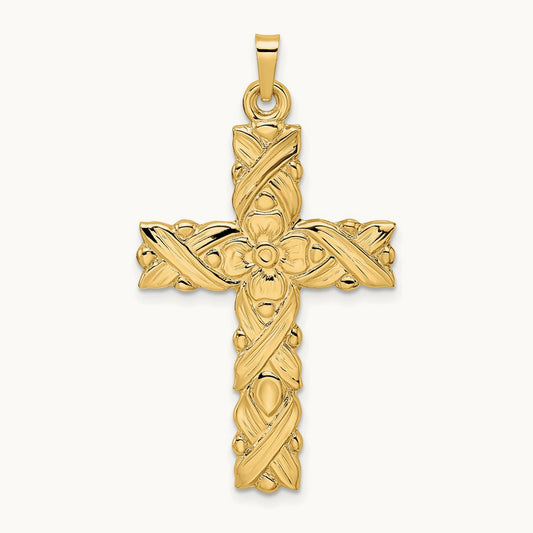 Polished and Textured Floral Solid Cross Pendant, 14K