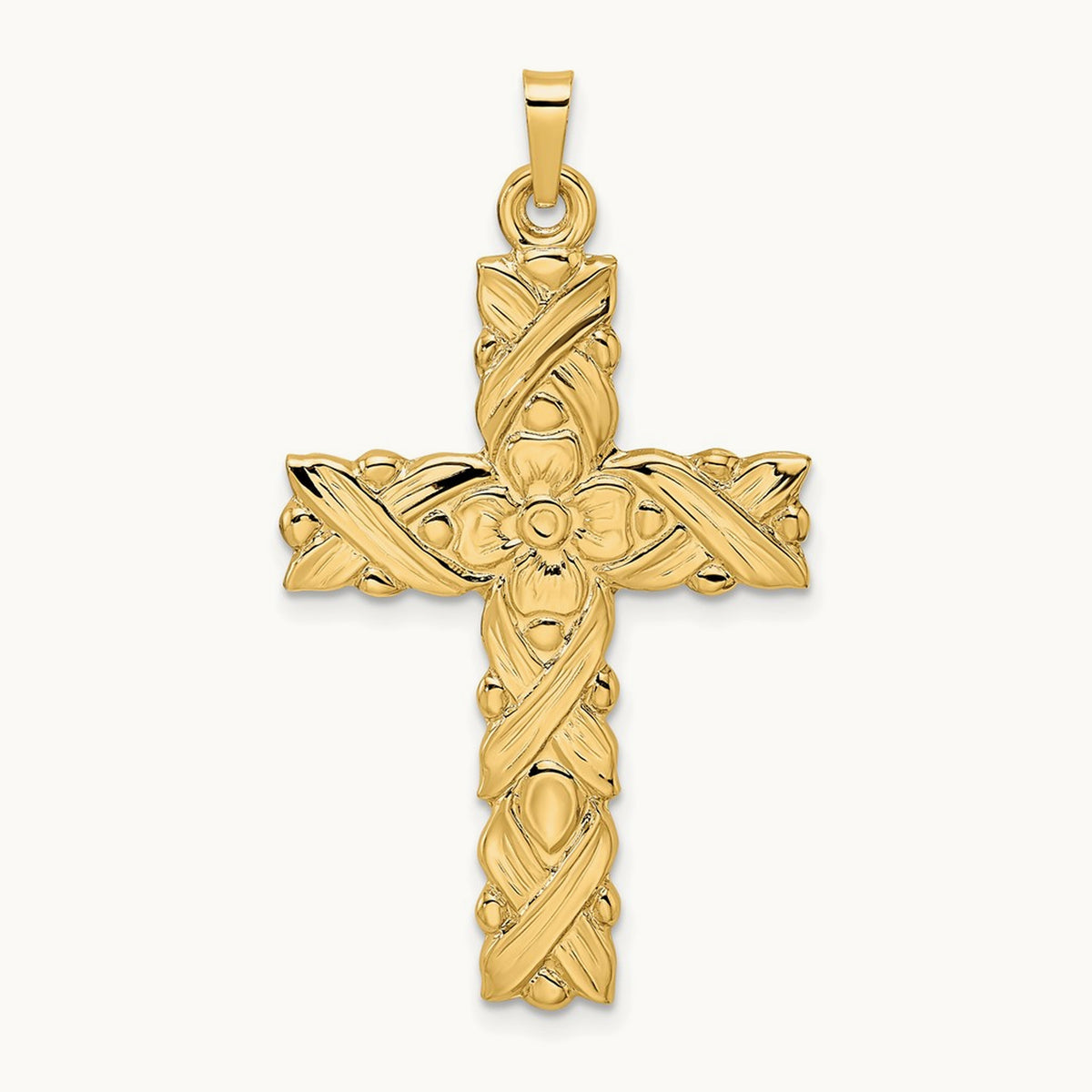 Polished and Textured Floral Solid Cross Pendant, 14K
