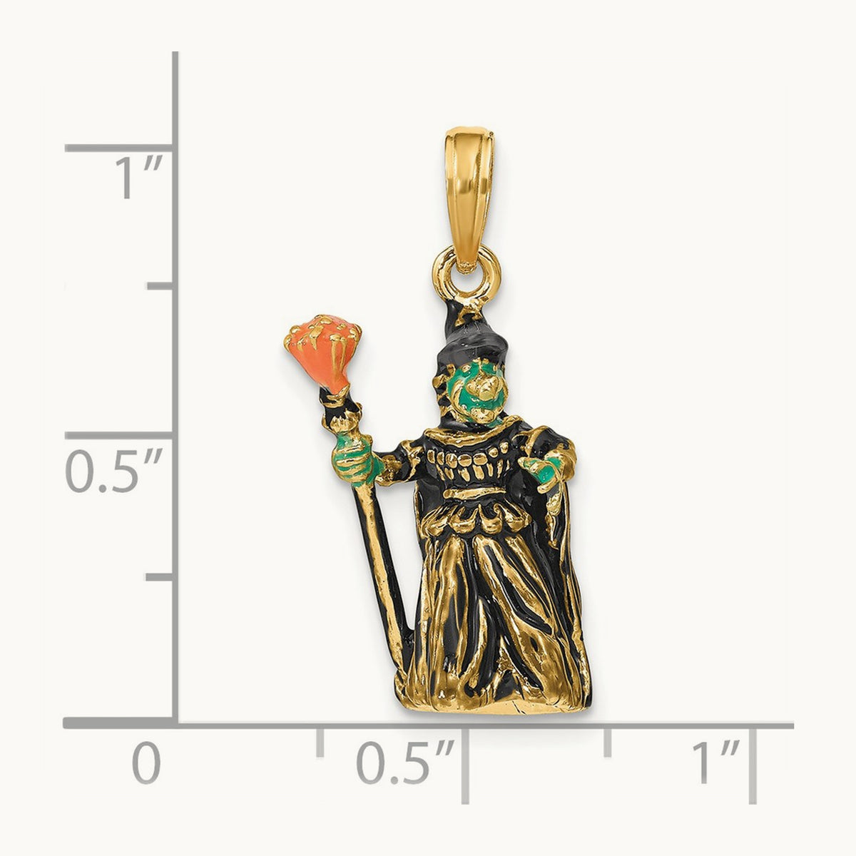 3-D Enameled Witch w/Broom Charm, 14K