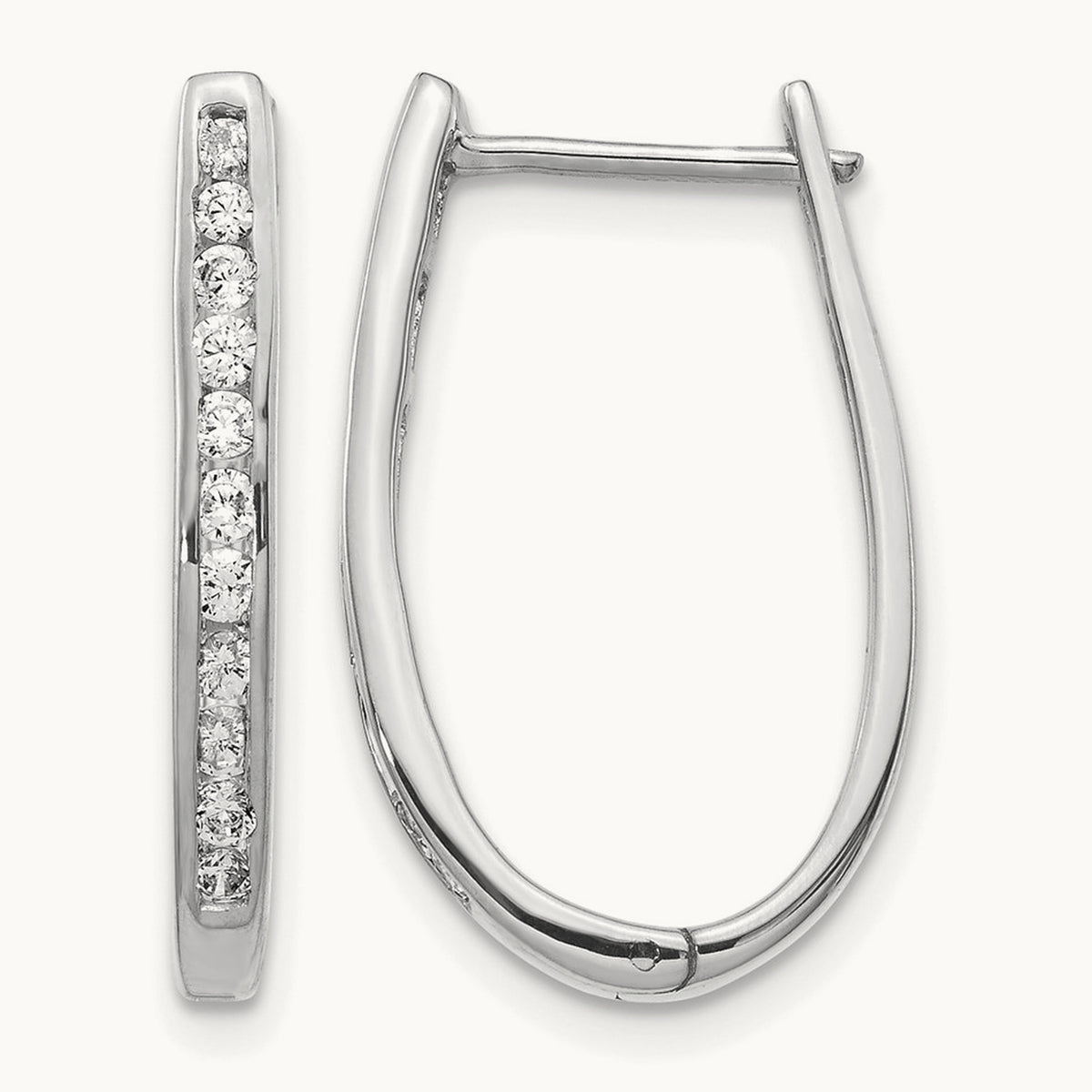 Diamond Oval Hinged Hoop Earrings — 14K White Gold, 13mm