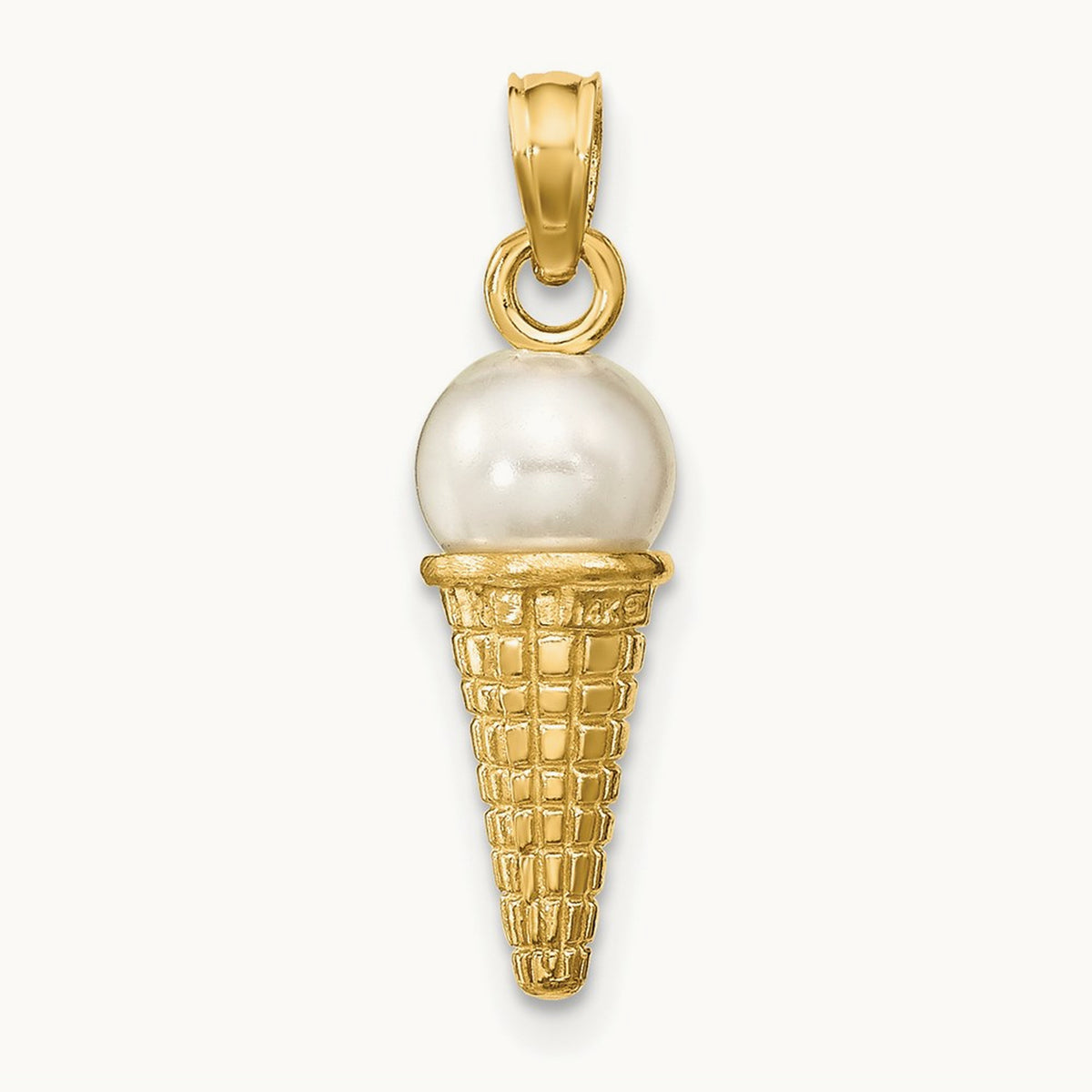 Satin Polished 3D White Bead Ice Cream Cone Pendant, 14K