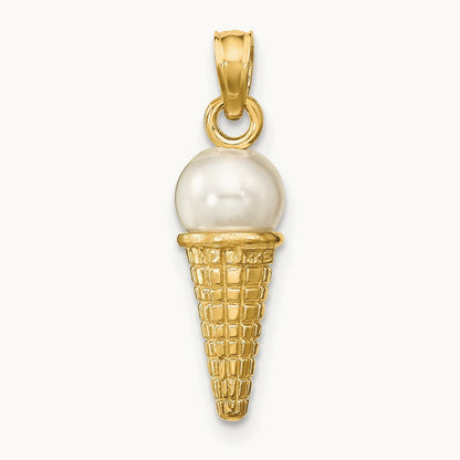 Satin Polished 3D White Bead Ice Cream Cone Pendant, 14K