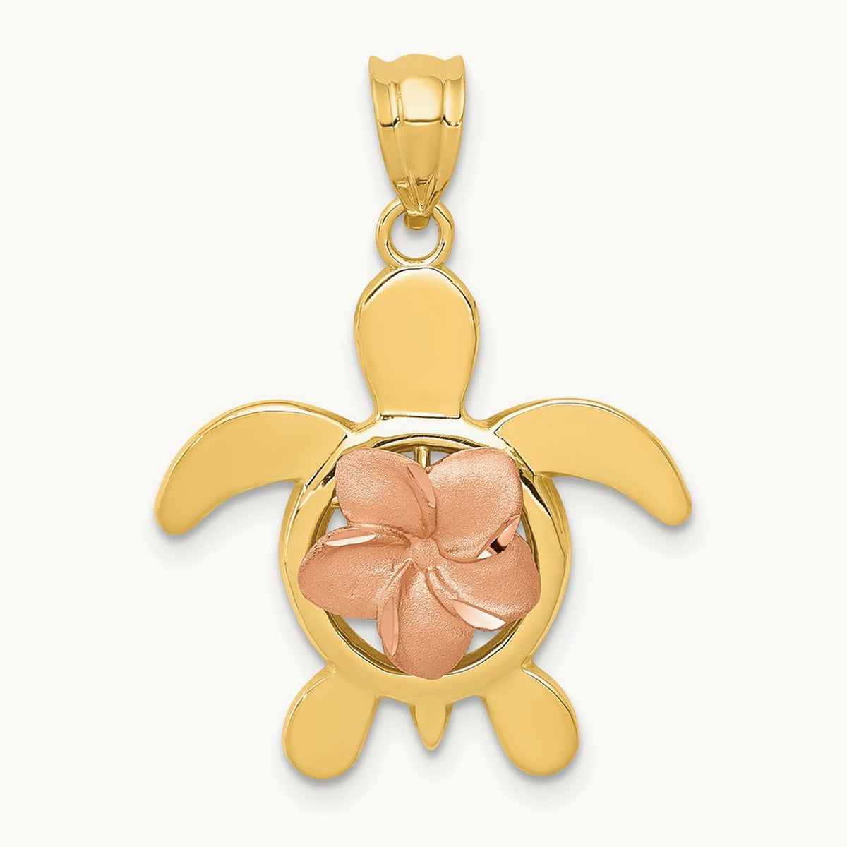 Diamond-cut Rose Plumeria Turtle Pendant, 14K Two-tone