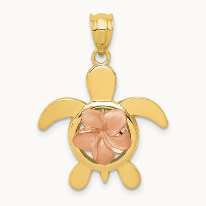 Diamond-cut Rose Plumeria Turtle Pendant, 14K Two-tone