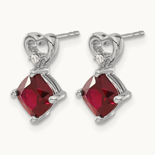 Created Ruby and Diamond Heart Earrings, 14K White Gold