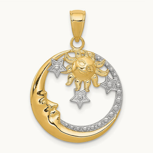 D/C Moon, Stars, and Sun Pendant, 14K with Rhodium