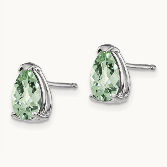 8x5 Pear Checker-Cut Green Quartz Earrings, 14K White Gold