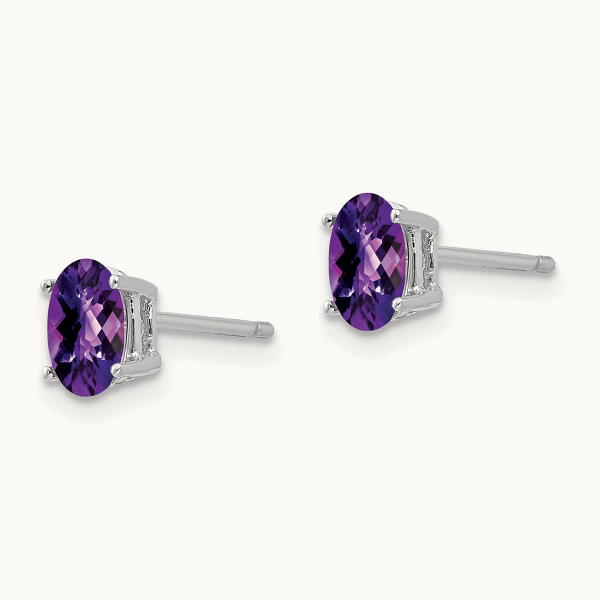 6x4mm Oval Amethyst Checker Earrings, 14K White Gold