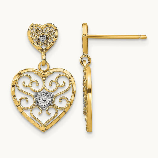 w/ RH Heart Beaded Filigree Dangle Earrings, 14K